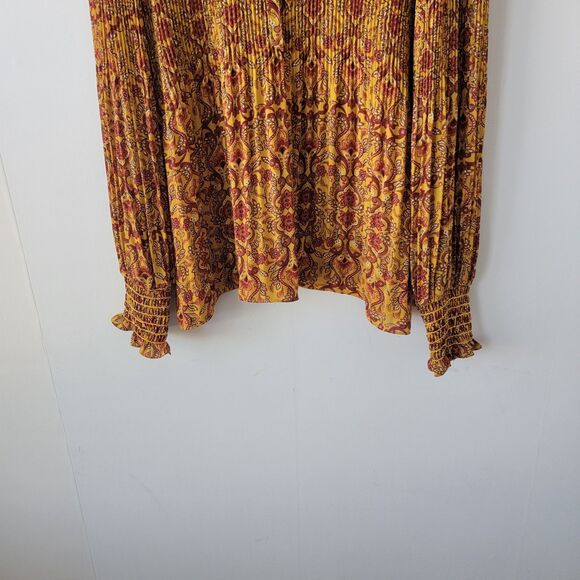 Max Studio women's Pleated top Size XL Bishop Sleeve tie neck boho floral - Picture 4 of 8